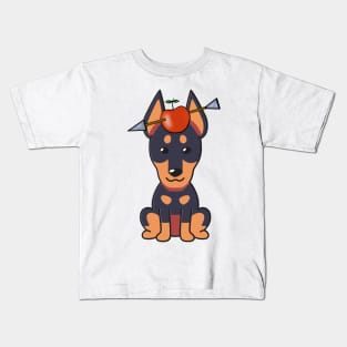 Funny Alsatian is playing william tell with an apple and arrow Kids T-Shirt